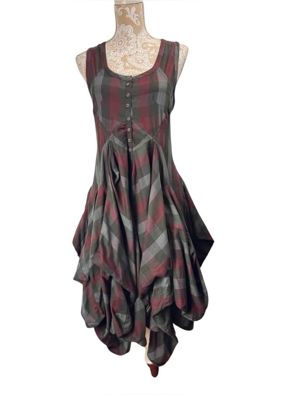 Luna Luz Size Medium Maroon Gray Tartan Plaid Parachute Dress Steampunk Grunge